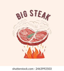 large steak (Illustration of an exaggerated) -  roasting on the grill, on the fire. Vector illustration.