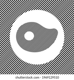 A large steak symbol in the center as a hatch of black lines on a white circle. Interlaced effect. Seamless pattern with striped black and white diagonal slanted lines