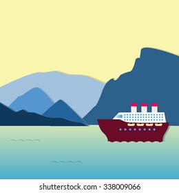 Large steamship going along the mountains at sunset. Beautiful scenery. Applique style.