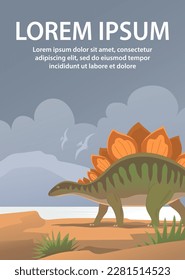 Large stegosaurus lizard. Herbivorous dinosaur of the Jurassic period. Prehistoric wildlife landscape. Poster design. Cartoon vector illustration