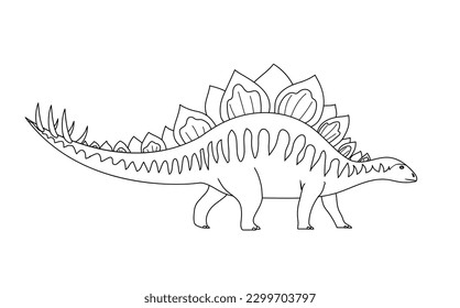 Large stegosaurus lizard. Tail with spikes. Herbivorous dinosaur of the Jurassic period. Prehistoric pangolin. Black and white line. Coloring page for kids