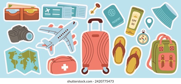 Gran juego de stickers de accesorios de viaje. Accesorios para vacaciones junto al mar, maletas, equipajes, mapas, aviones, billetes.