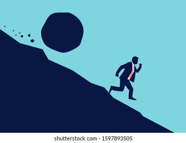 A large stone or boulder rolls toward a businessman from a steep mountainside. The concept of danger, risk, problem. Vector illustration