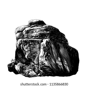 large stone cobblestone with vegetation and grass, sketch vector graphics monochrome illustration on white background