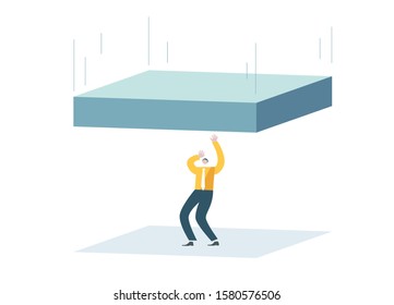 Large stone falls on the character. Metaphor of human financial difficulties. Blue and orange picture. Concept vector illustration EPS 10 isolated on white