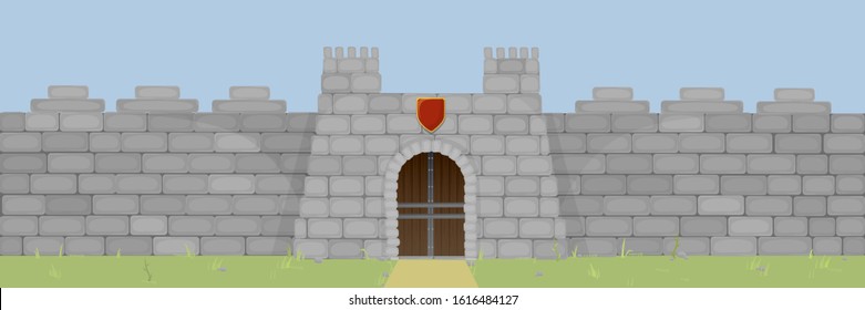 Large stone fortress or stronghold for protection. Stone walls with arched wooden gates and heraldic shields under closed doorway.