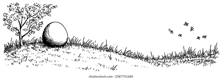 large stone under tree on grassy hill in hand-drawn line art style