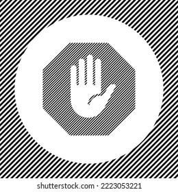 Ein großes Stopphandsymbol in der Mitte als Luke von schwarzen Linien auf einem weißen Kreis. Interlaced-Effekt. Nahtloses Muster mit gestreiften, schwarz-weißer diagonaler Linie