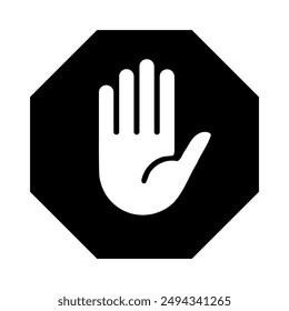A large stop hand symbol in the center. Isolated black symbol