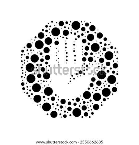 A large stop hand symbol in the center made in pointillism style. The center symbol is filled with black circles of various sizes. Vector illustration on white background