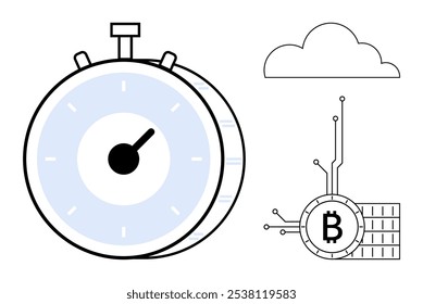 Grande cronômetro, símbolo Bitcoin com circuitos técnicos e um símbolo de nuvem. Ideal para criptomoeda, tecnologia blockchain, gerenciamento de tempo, computação em nuvem e conceitos fintech. Minimalista