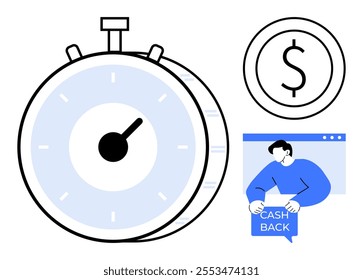 Large stopwatch with black outline and blue shadow, dollar symbol coin, and a person in browser window holding cash back sign. Ideal for time management, financial planning, online shopping, rewards