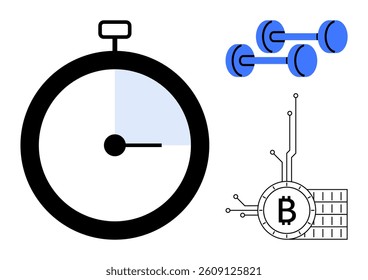 Large stopwatch, blue dumbbells, and blockchain-themed Bitcoin symbol in technical minimalist style. Ideal for time management, fitness, cryptocurrency, technology, and financial investment themes
