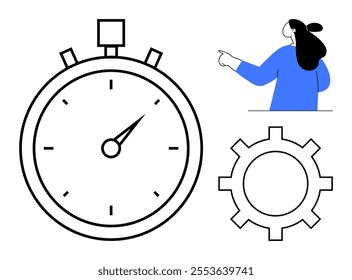 Large stopwatch, cogwheel and woman pointing demonstrate time management, productivity and workflow processes. Ideal for business, project management, productivity tools, efficiency, and work