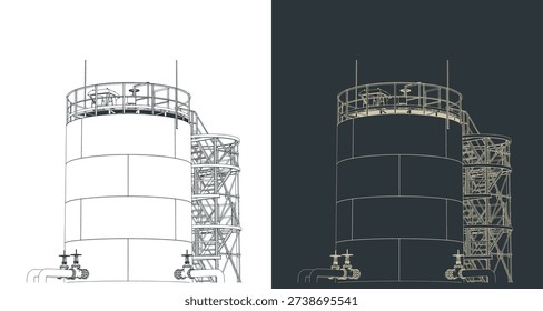 Large storage tank at an oil refinery stylized vector illustrations