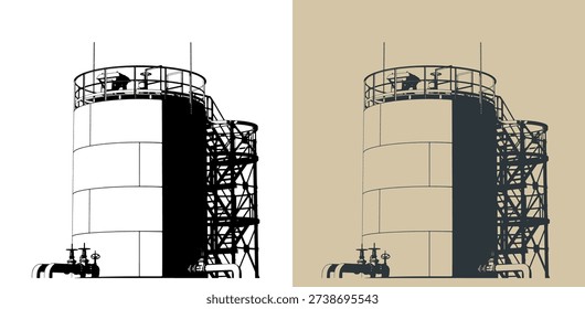 Large storage tank at an oil refinery stylized vector illustrations