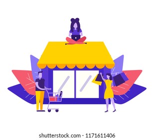 Large store. People do shopping with their smartphones and laptop. E-commerce, mobile shop, online market, store concept. People shopping with shop bags. Modern flat cartoon vector illustration. 