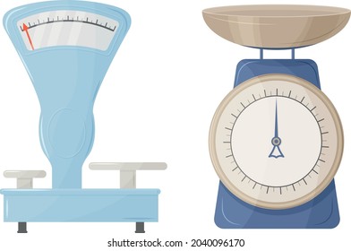 Large store scales for weighing products and other items. Analog scales of various shapes. Vector illustration isolated on a white background