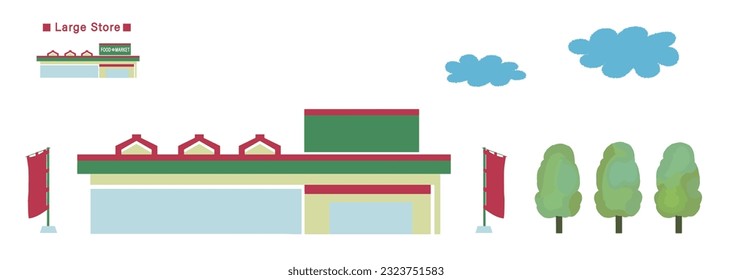 Large store, supermarket building, promotional flags, surrounding trees, vector illustration
