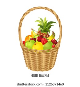 Large straw wicker basket with exotic and tropical fruits poster