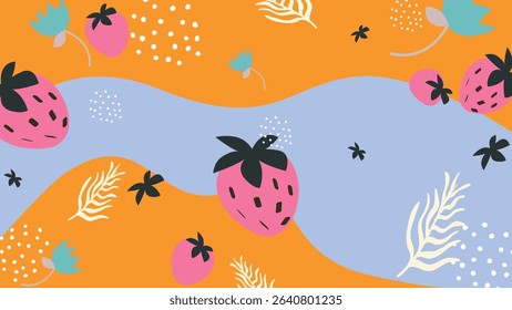Large strawberries and soft florals on a bright orange and baby blue backdrop. A vibrant and playful fruit-themed composition.