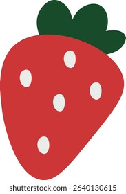 A large strawberry with white seeds and green leaves in a bold, flat style. The berry is depicted with a simple shape and smooth lines. Cartoon vector illustration.