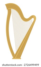 Large string musical instrument; golden celtic harp illustration; classical and traditional music device; folk performance equipment; orchestral concert accessory