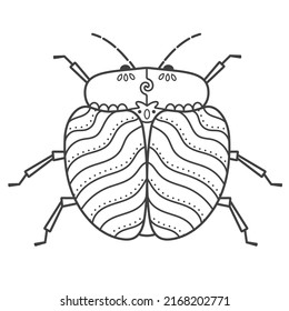 A large striped beetle in doodle style. The hand drawn illustration can be used for children's or adult coloring books and for tattoos. Isolated image in zentangle style, on a white background.