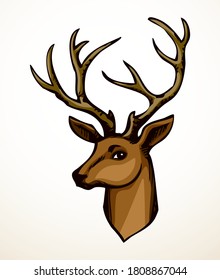 Large strong noble brown spot beast rack look. Outline black hand drawn red emblem design set picture retro beauty art zoology contour print style. Close up outdoor view paper wall text space backdrop