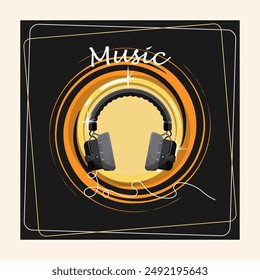 Large studio headphones on the background of an expressive circle and the inscription Music on a black background. Emblem, symbol. Vector illustration