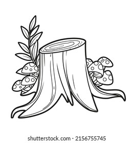 Large stump overgrown with fly agaric linear drawing for coloring isolated on white background