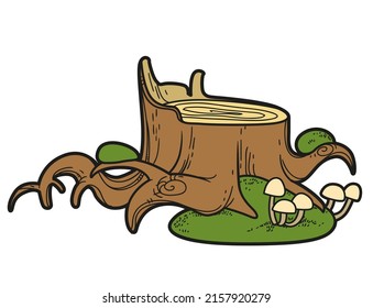 Large stump with protruding roots color variation for coloring page isolated on white background