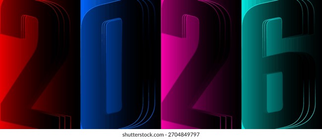 Grandes números estilizados de 2026 en paneles rojo, azul, magenta y cian