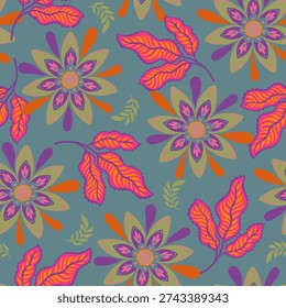 Large stylized blossoms and striped foliage in orange pink and purple on teal ground for wallpaper bedding and decor.