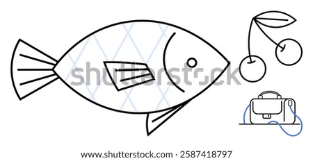 Large stylized fish with scale pattern cherry pair with leaf and stem briefcase with cord. Ideal for nutrition, marine life, agriculture, productivity, work-life balance, simplicity, iconography