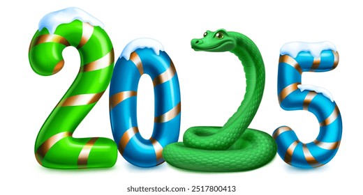 Large stylized number 2025 sprinkled with snow on top, with a festive Christmas design reminiscent of a candy cane, and a green snake instead of 2, with soft shadow, on a white background.