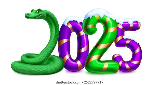 Large stylized number 2025 sprinkled with snow on top, with a festive Christmas design reminiscent of a candy cane, and a green snake instead of 2, with soft shadow, on a white background.