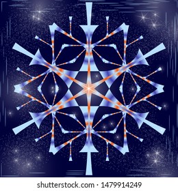 Large stylized snowflake in the night sky with stars and snowfall. Vector illustration on the theme of winter, space, cold. Christmas background for greeting card.