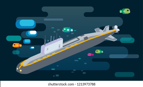 Large submarine under water with propellers, periscope and other high tech equipment. Submarine is dark gray with yellow and light gray highlight. There are fish and other things swimming in the ocean