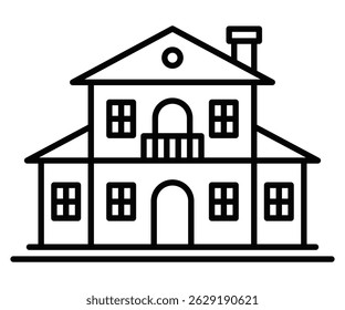 Large suburban house with windows. Vector illustration. Editable stroke.