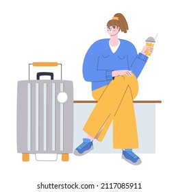 Large suitcase for vacation. The girl is waiting to leave. Vacation and travel concept. Flat vector illustration.