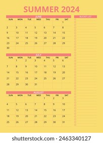 Large Summer 2024 Calendar with bucket list