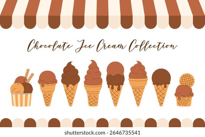 Large summer chocolate Ice Cream Clipart set, Collection. Striped kiosk awning. Soft brown gelato, melted scoop in waffle cone on white background. Isolated Hand drawn flat Vector illustration EPS10
