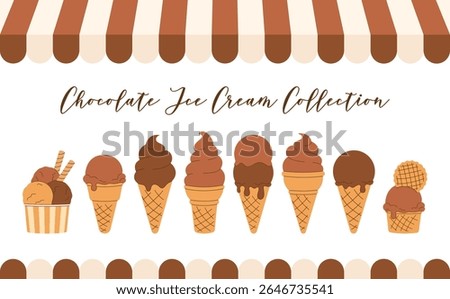Large summer chocolate Ice Cream Clipart set, Collection. Striped kiosk awning. Soft brown gelato, melted scoop in waffle cone on white background. Isolated Hand drawn flat Vector illustration EPS10