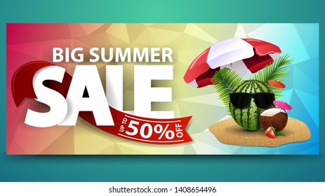 Large summer sale, horizontal web banner with polygonal texture and watermelon in glasses under a beach umbrella