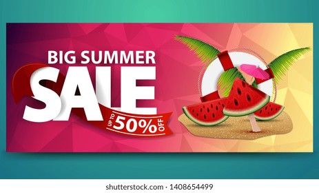 Large summer sale, horizontal web banner with polygonal texture, watermelon slices, palm leaves and lifeline