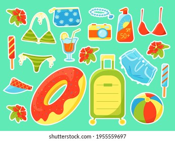 Large summer set of holiday items 
stickers for girls' diaries, swimsuit, cocktail, suitcase, camera, beautician, vacation at sea, set of summer things, vector illustration in flat style, cartoon.