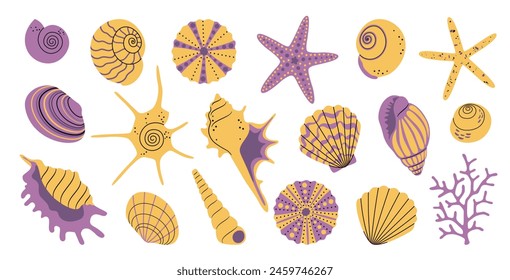 Grande conjunto de verano aislado de Elementos de mundo subacuático de dibujos animados de mar, variedad de conchas marinas brillantes, estrellas de mar, erizos de mar, corales para patrón, pegatinas, logotipo. Vector EPS10  