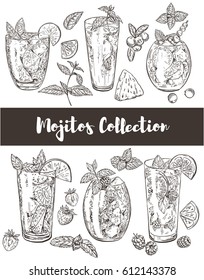 Large summer set of six types of mojito cocktails with lime, orange and berries, berries and leaves of mint, vector sketch illustration