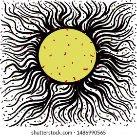 A large sun is located in the center of the composition. Black rays curl around him. Red particles hover over the picture.